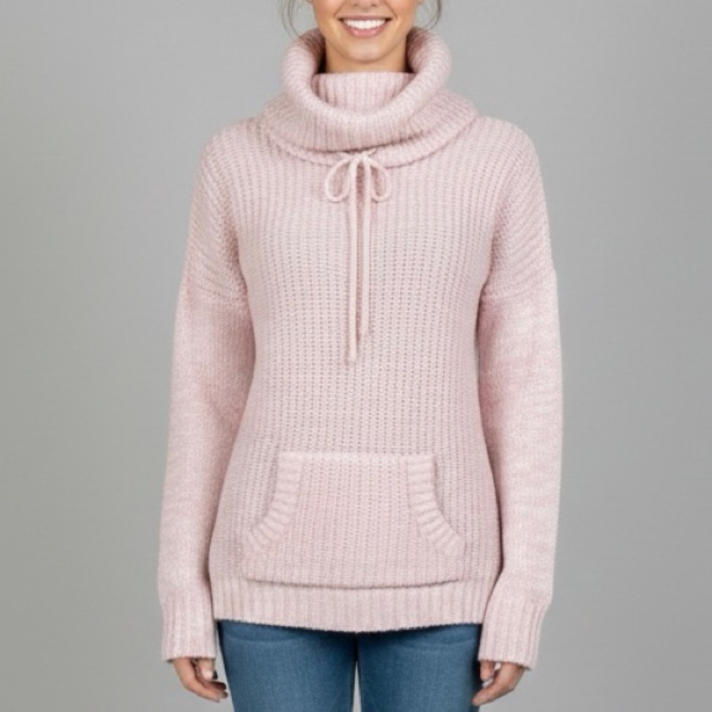 Derek Heart Pink Cowl Neck Tunic Sweater Small Knit Pullover Pocket EUC Long 24"